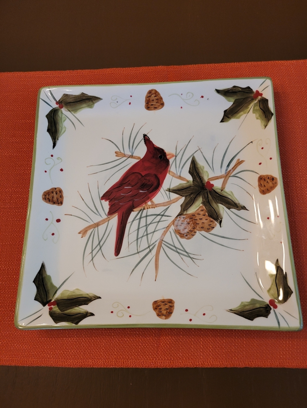 Blitzen & Co Hand-Painted Red Cardinal Square Serving Plate